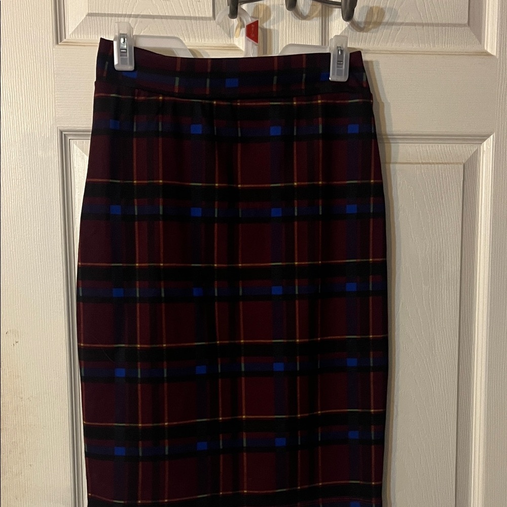 Renee C. Burgundy and Blue Plaid Pencil Skirt
